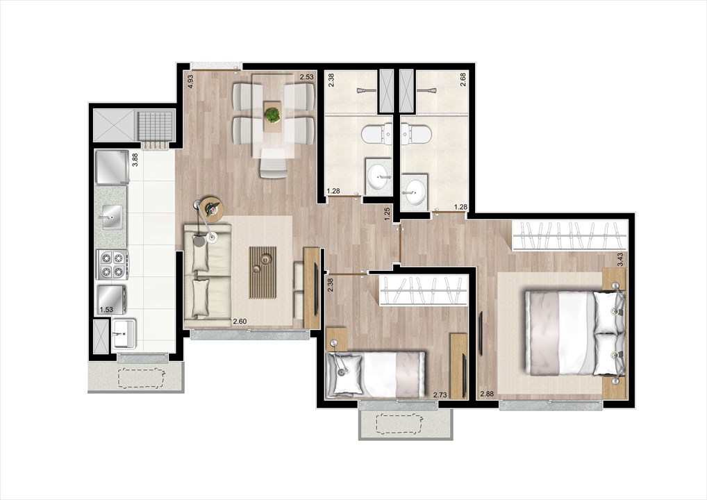 Planta 2 Dorms com Suíte 56m² | Prime Altos do Germânia – Passo d’Areia - Porto Alegre - Rio Grande do Sul Planta 2 Dorms com Suíte 56m² | Prime Altos do Germânia – Apartamento no Passo d’Areia - Porto Alegre - Rio Grande do Sul